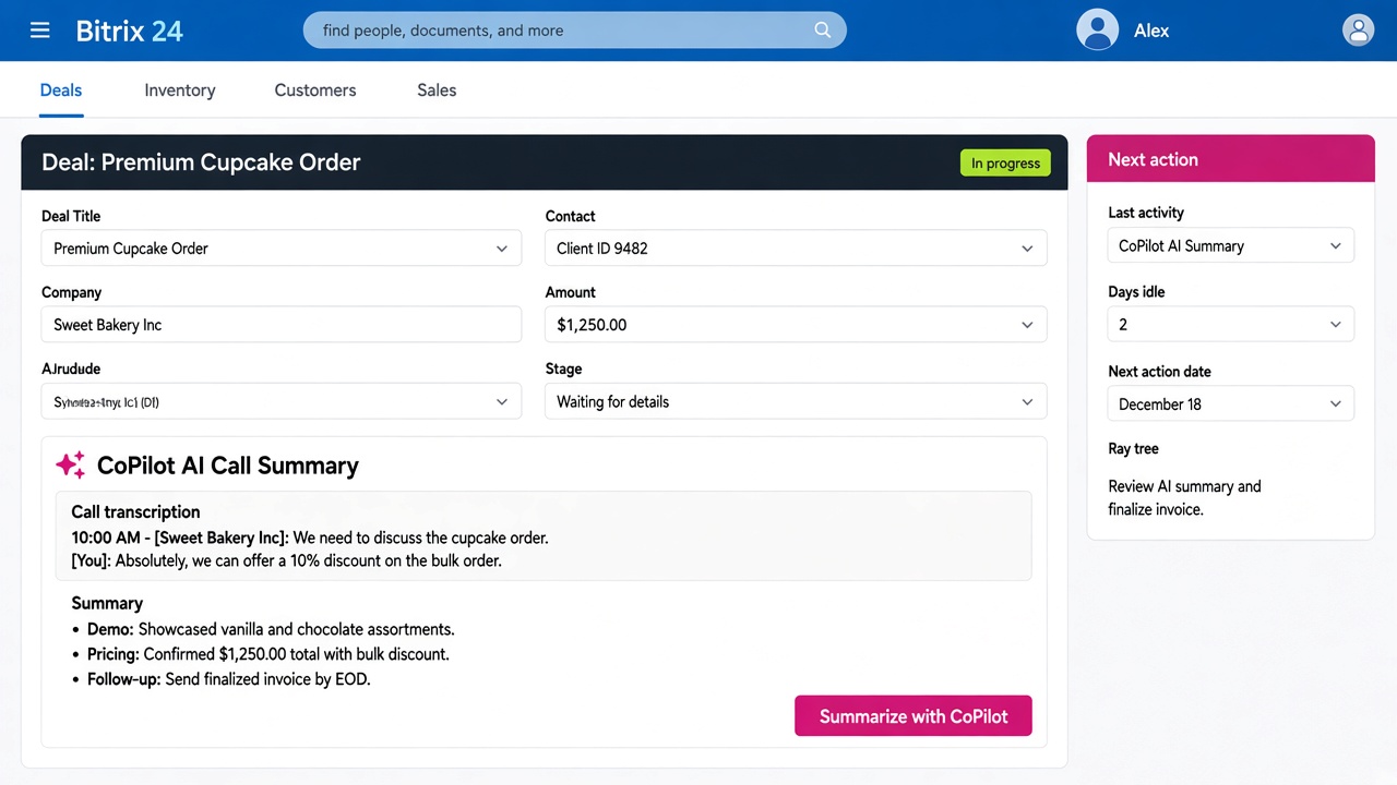 Bitrix24 CoPilot call summary panel on a deal