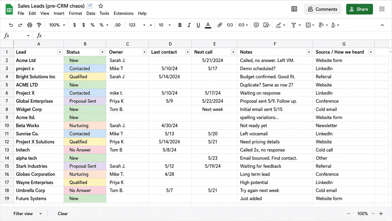 Spreadsheet before CRM