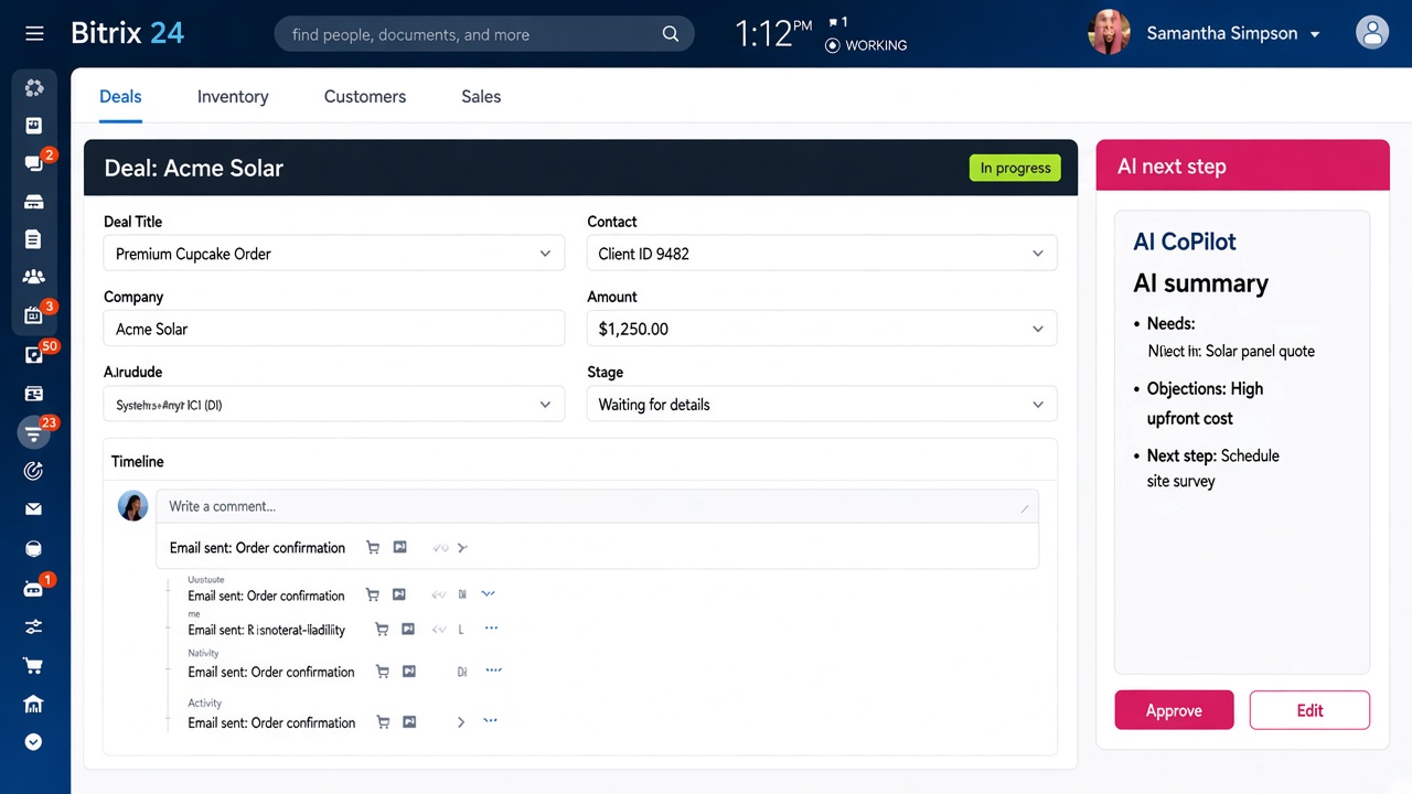 Bitrix24 deal card with CoPilot call summary and AI next-step panel